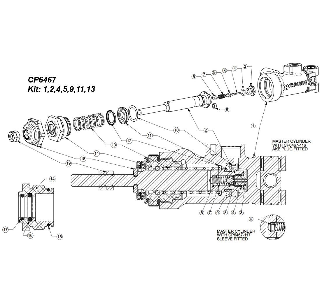 Trousse de réparation maître cylindre AP RACING CP6467 avec Ø 17,3 mm